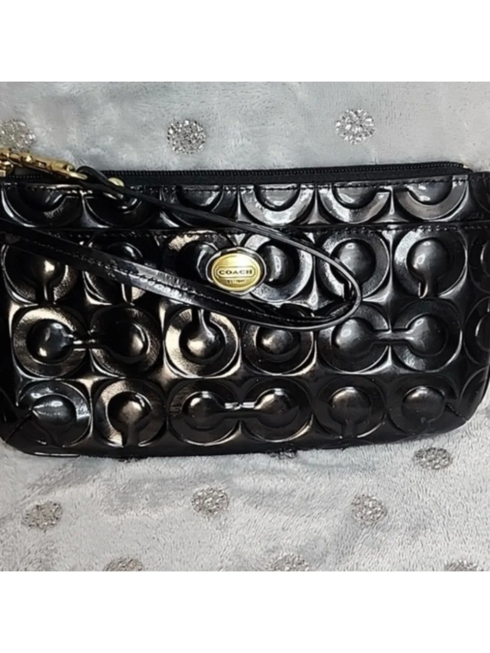Coach Black Patent Leather Wristlet with Gold-Tone Logo
